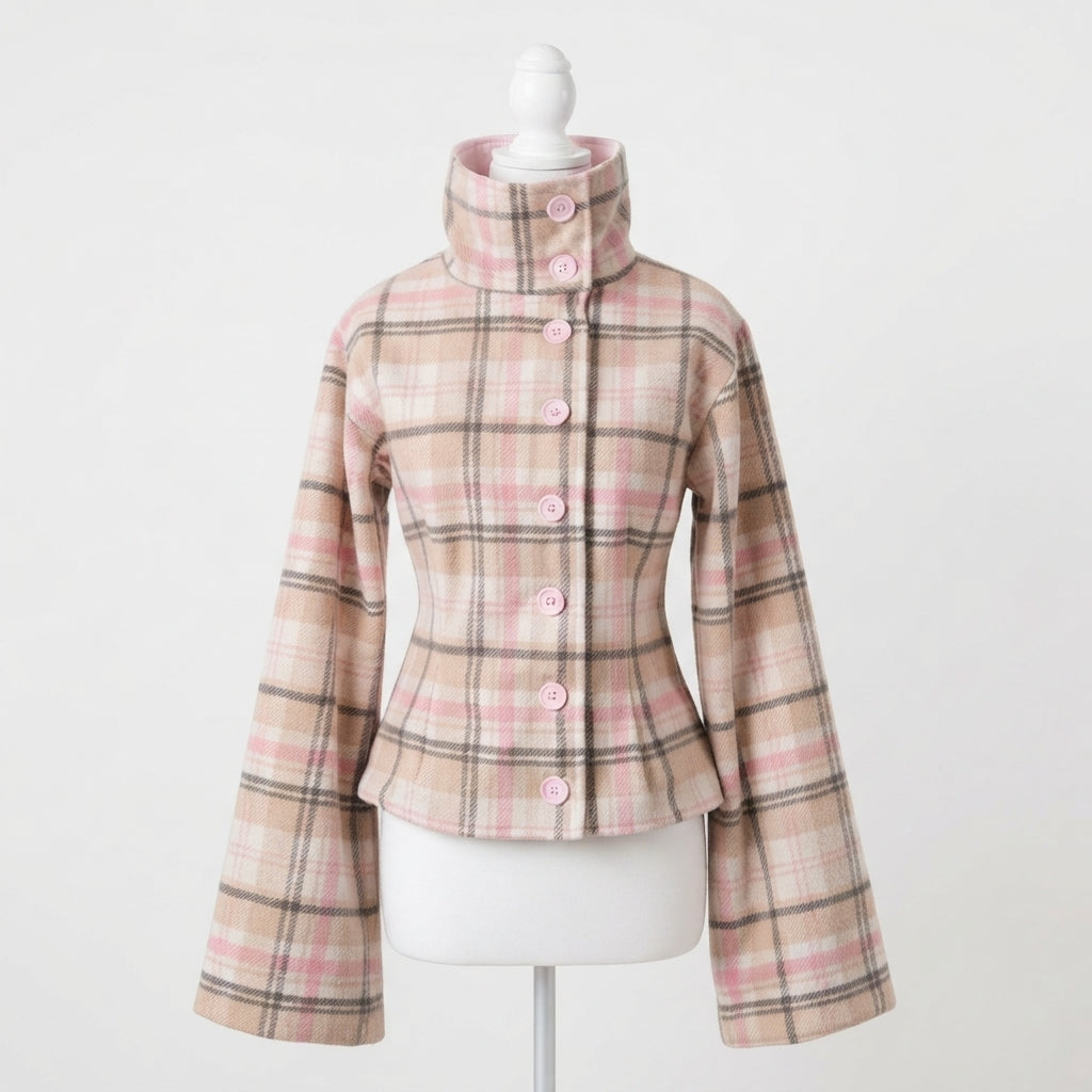 Blush Plaid Bell Sleeve Jacket
