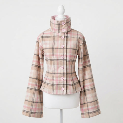 Blush Plaid Bell Sleeve Jacket